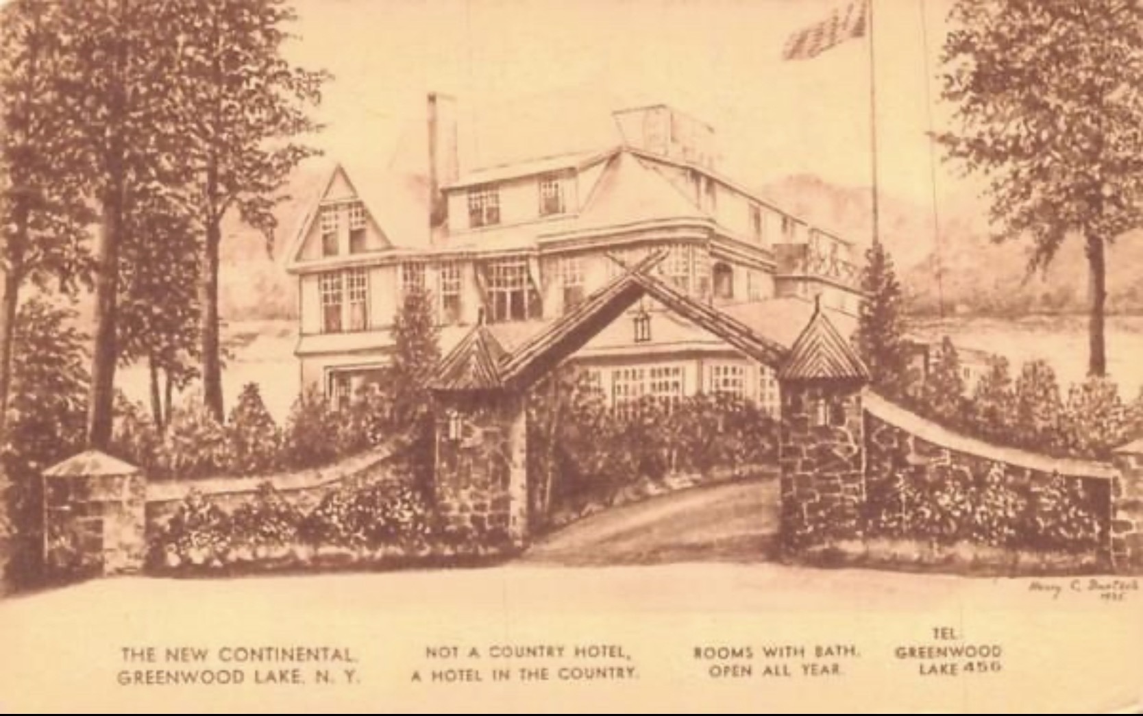 Architectural illustration of The New Continental Hotel at Greenwood Lake, NY, featuring a stone entrance and surrounding trees.